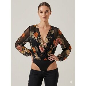 ASTR the Label Bodysuit Womens M Black Floral Sheer Long Sleeve V-Neck ACT15503